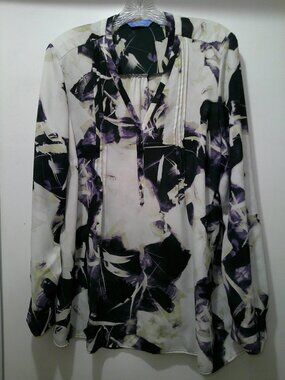Simply Vera Vera Wang Purple Cream & Black Blouse Roll Tab Sleeves Size XL